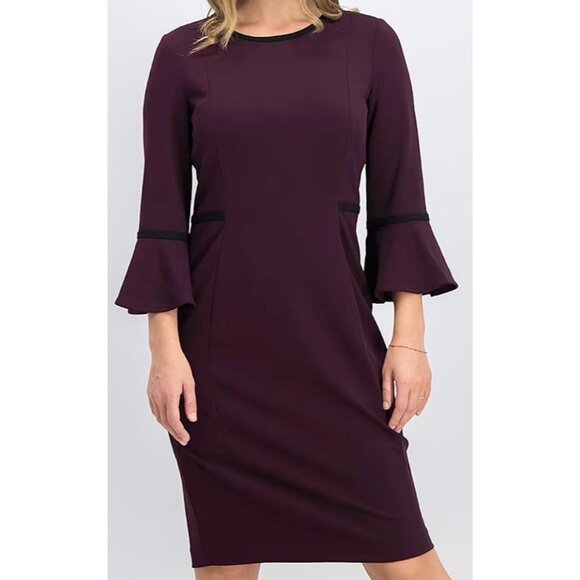 Calvin Klein Dark Purple Bell Sleeve Stretch Crepe Sheath Dress Size 12 Classic - Picture 1 of 8